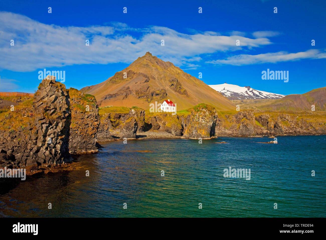 Maison sur la côte de basalte en face du volcan et le Snµfellsjoekull Stapafell glacier, Islande, Vesturland, Arnarstapi, Snæfellsnes Banque D'Images Maison sur la côte de basalte en face du volcan et le Snµfellsjoekull Stapafell glacier, Islande, Vesturland, Arnarstapi, Snæfellsnes Banque D'Images