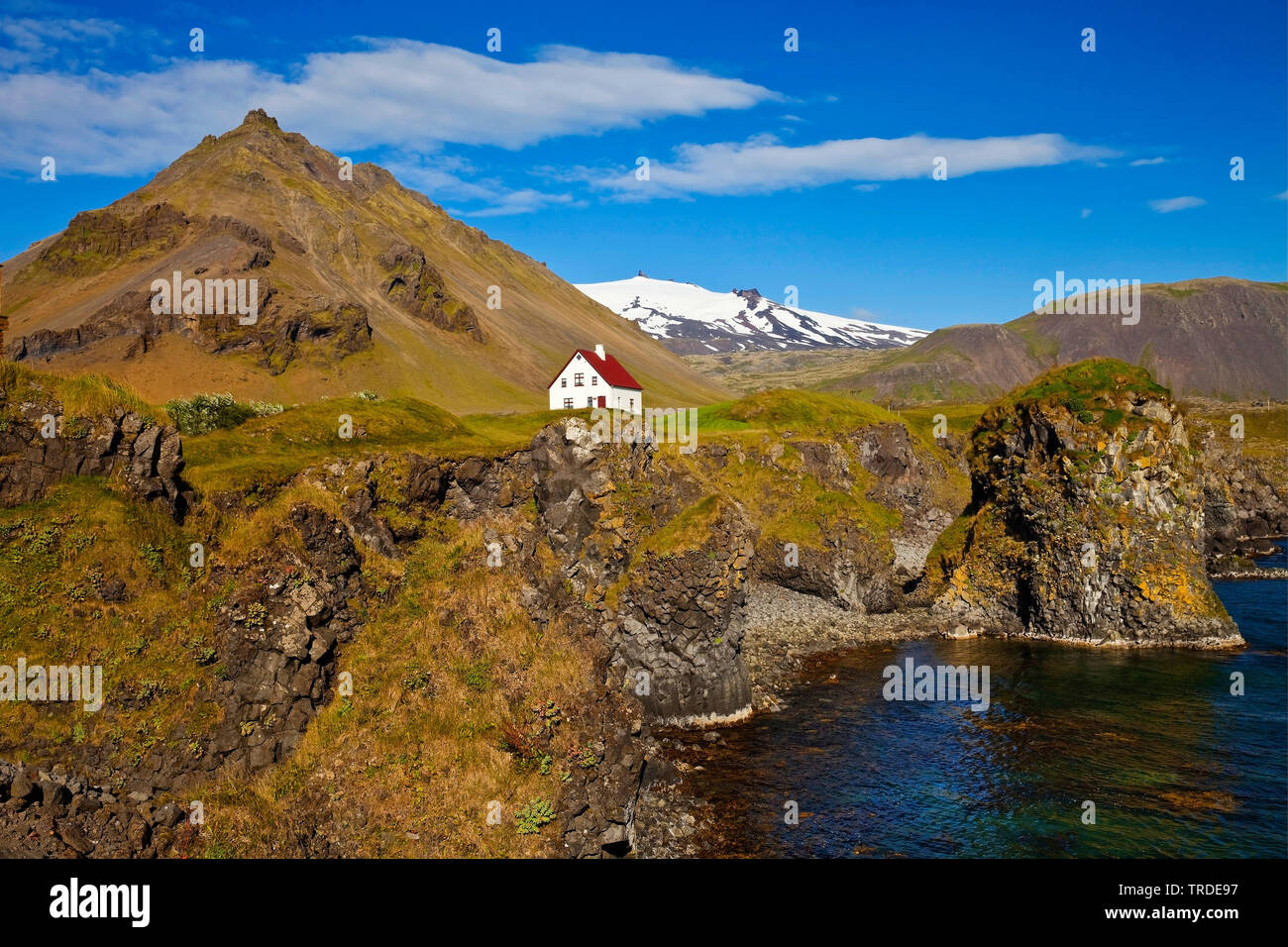 Maison sur la côte de basalte en face du volcan et le Snµfellsjoekull Stapafell glacier, Islande, Vesturland, Arnarstapi, Snæfellsnes Banque D'Images Maison sur la côte de basalte en face du volcan et le Snµfellsjoekull Stapafell glacier, Islande, Vesturland, Arnarstapi, Snæfellsnes Banque D'Images