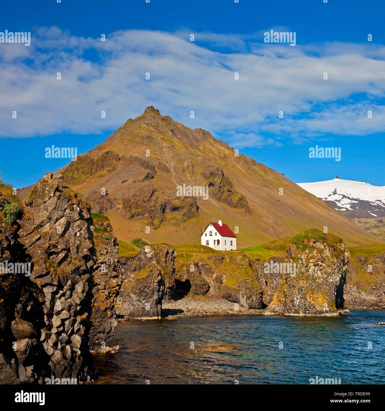 Maison sur la côte de basalte en face du volcan et le Snµfellsjoekull Stapafell glacier, Islande, Vesturland, Arnarstapi, Snæfellsnes Banque D'Images Maison sur la côte de basalte en face du volcan et le Snµfellsjoekull Stapafell glacier, Islande, Vesturland, Arnarstapi, Snæfellsnes Banque D'Images