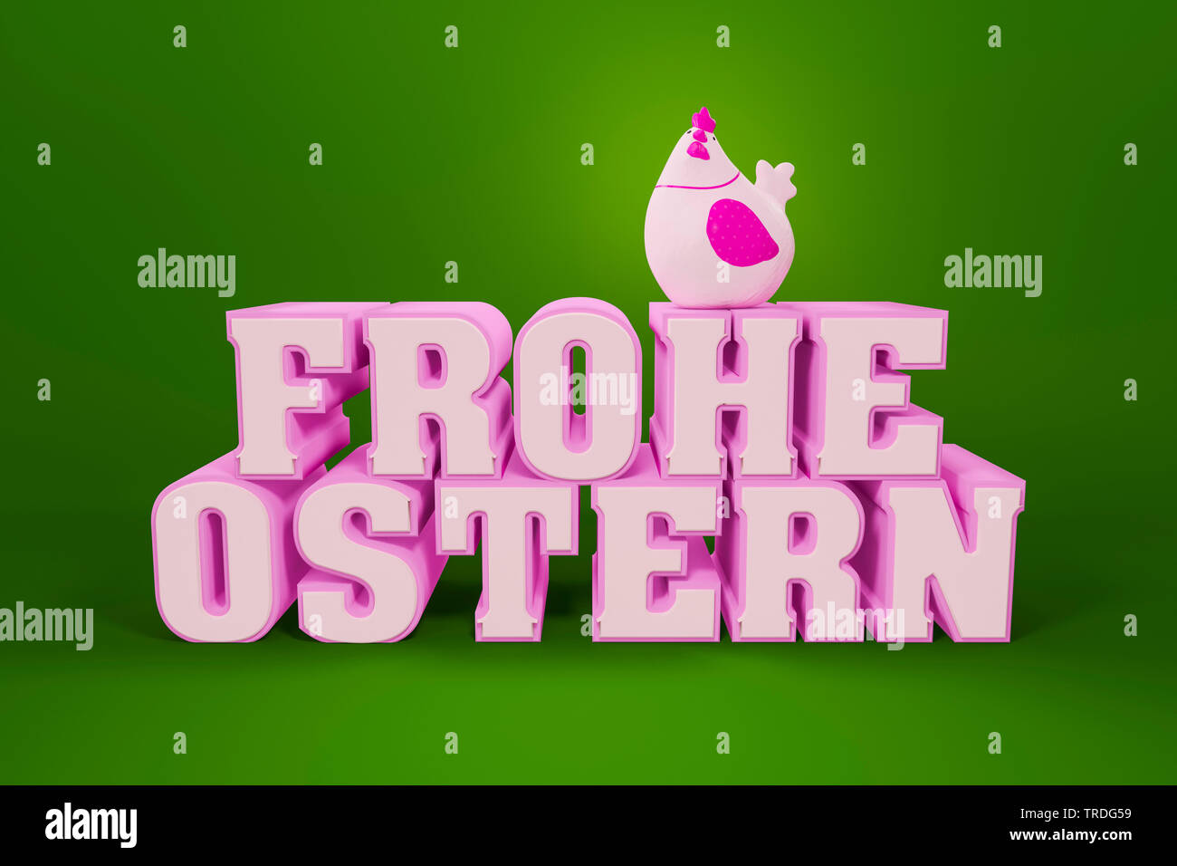 Carte de l'Ester - Poulet en rose assis sur un lettrage tridimensionnel FROHE OSTERN (Joyeuses Pâques) Banque D'Images
