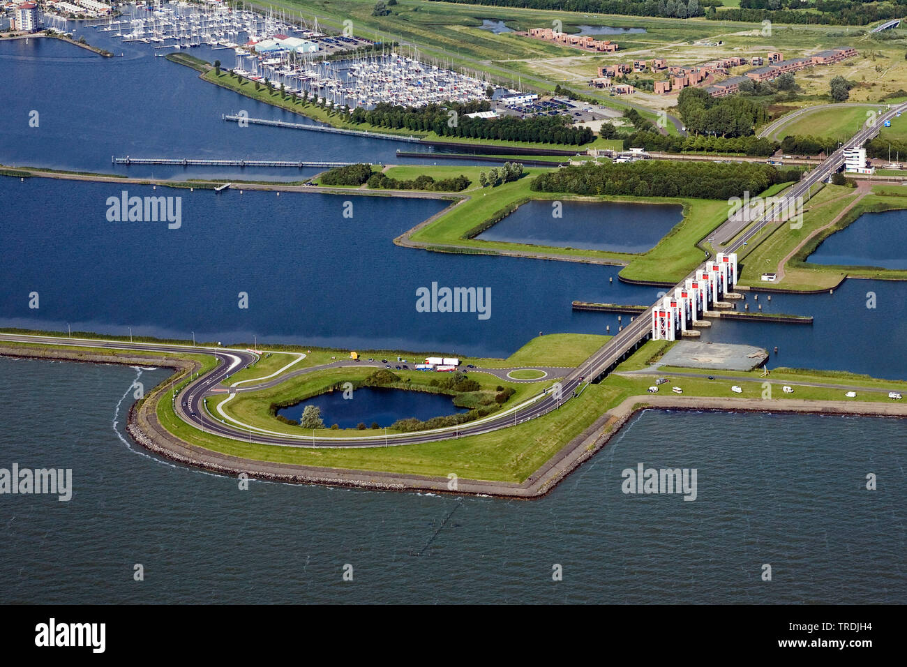 Markemeer Markerwaardijk entre et Ijsselmeer à Lelystadt, photo aérienne, Pays-Bas, Pays Bas du Nord, Lalystad Banque D'Images