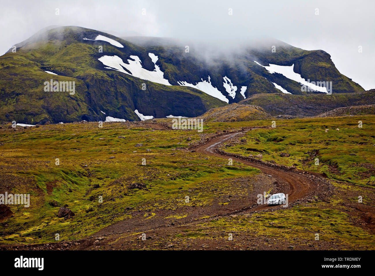 Voiture sur la route de gravier dans paysage de montagnes, l'Islande, Glasgow Banque D'Images