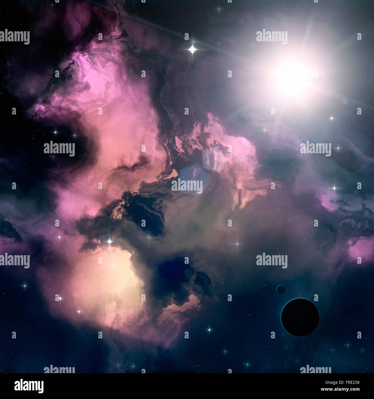Cosmos avec les planètes, les étoiles et les nuages de gaz, computer graphic Banque D'Images