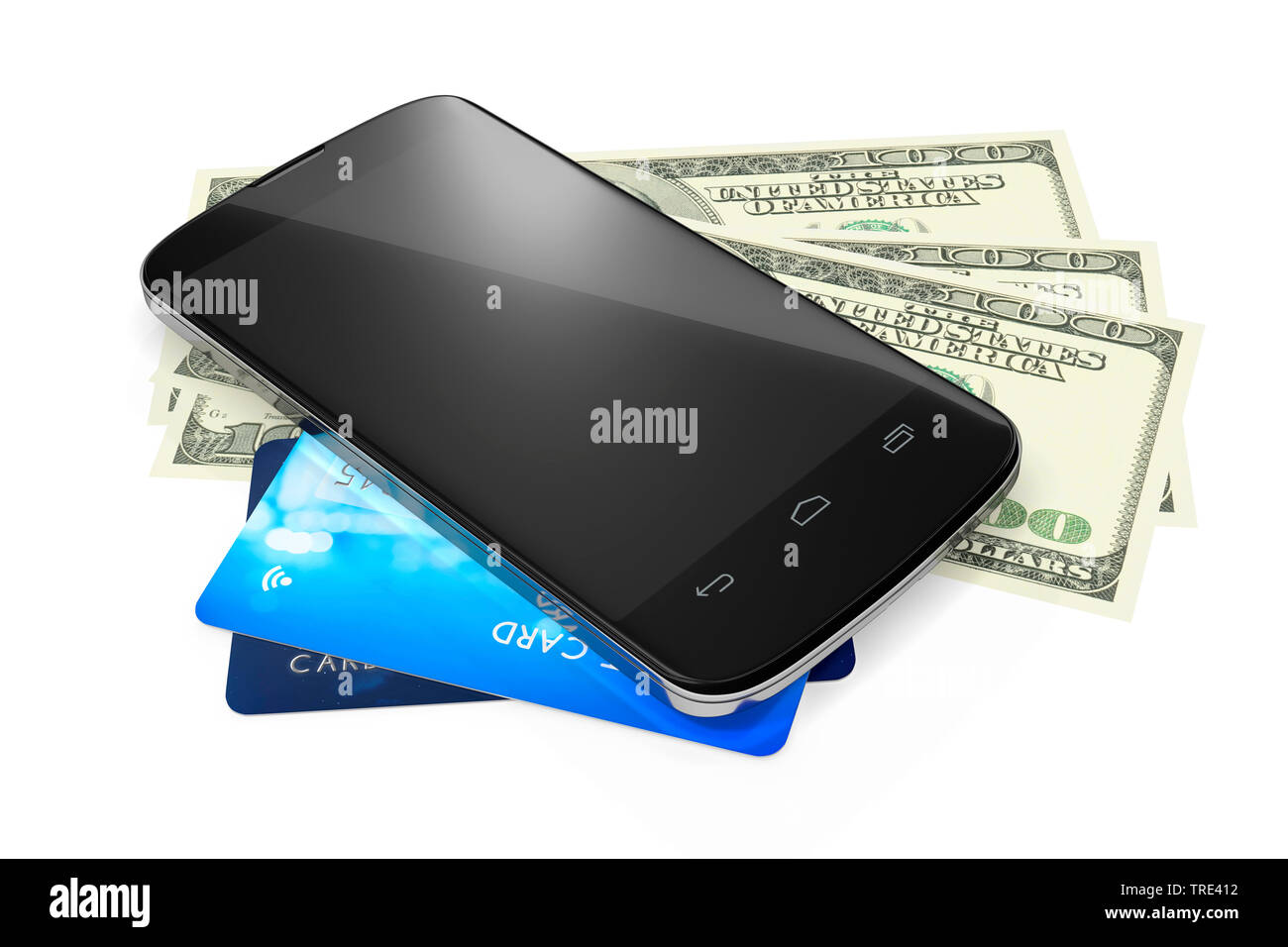 Mobile phone lying sur les cartes de crédit et l'argent comptant (paiement par mobile) Banque D'Images