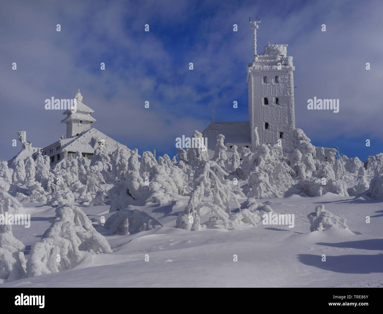 Station météo couverte de neige sur l'Allemagne, la Saxe, Fichtelberg, Erz, montagnes Fichtelberg Banque D'Images