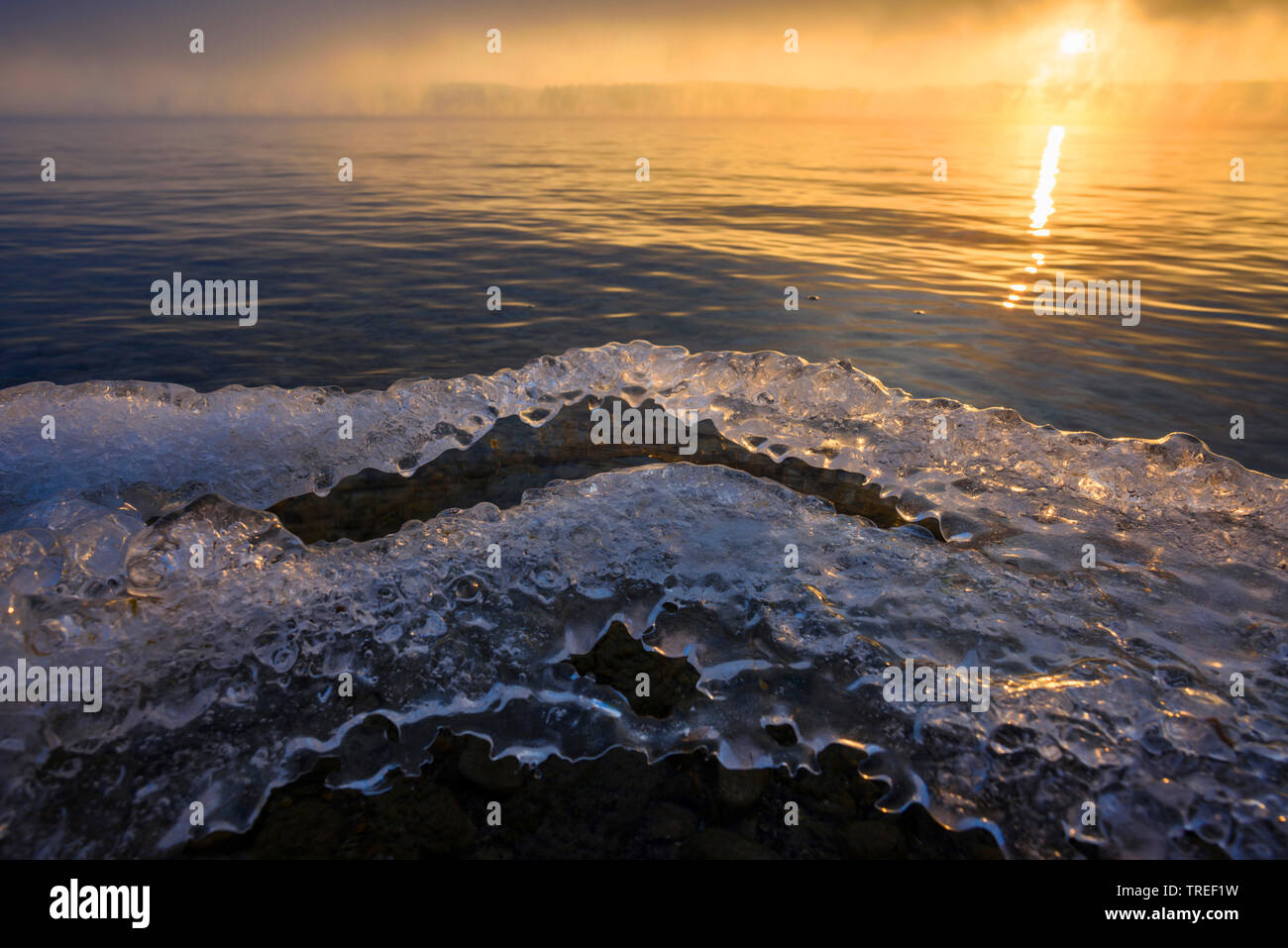 Glace au Lac de Starnberg au lever du soleil, de l'Allemagne, la Bavière Banque D'Images