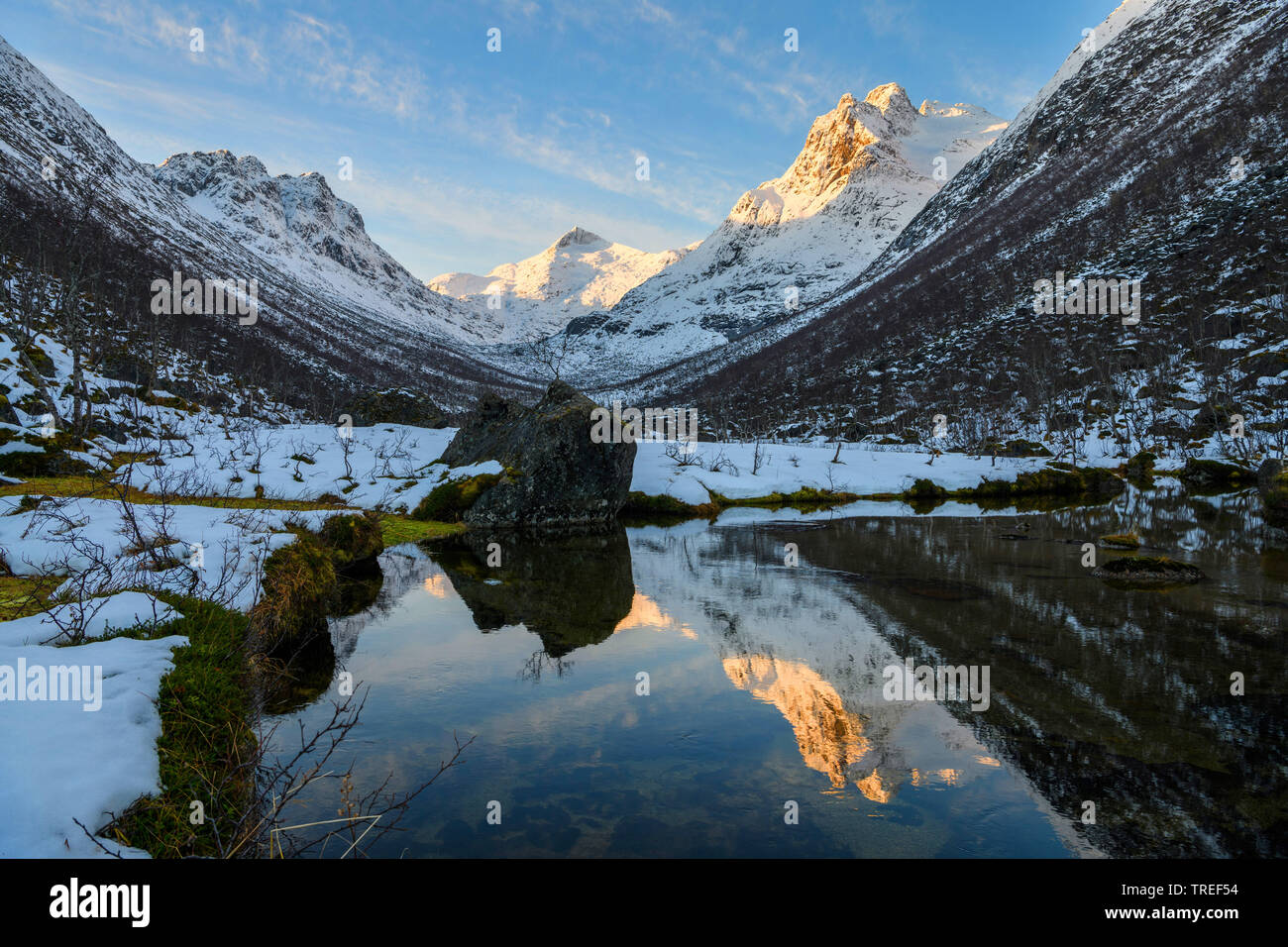 Montagnes norvégiennes en miroir dans un ruisseau, la Norvège Banque D'Images