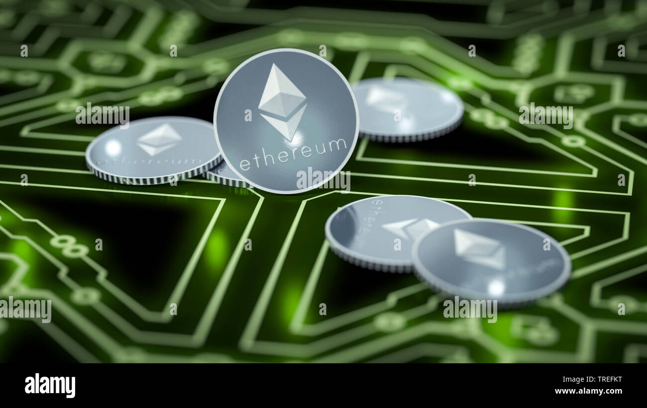 Graphique 3D sur ordinateur, pièces d'Ethereum (cryptocurrency) sur le dessus d'un conseil informatique Banque D'Images