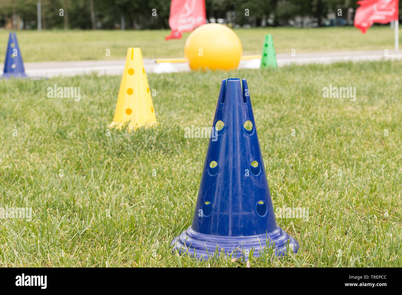 Sports en plastique bleu et jaune, les cônes de balle sur l'herbe verte et les drapeaux rouges à l'extérieur. Coaching sportif, le concept de formation, temps de sport Banque D'Images