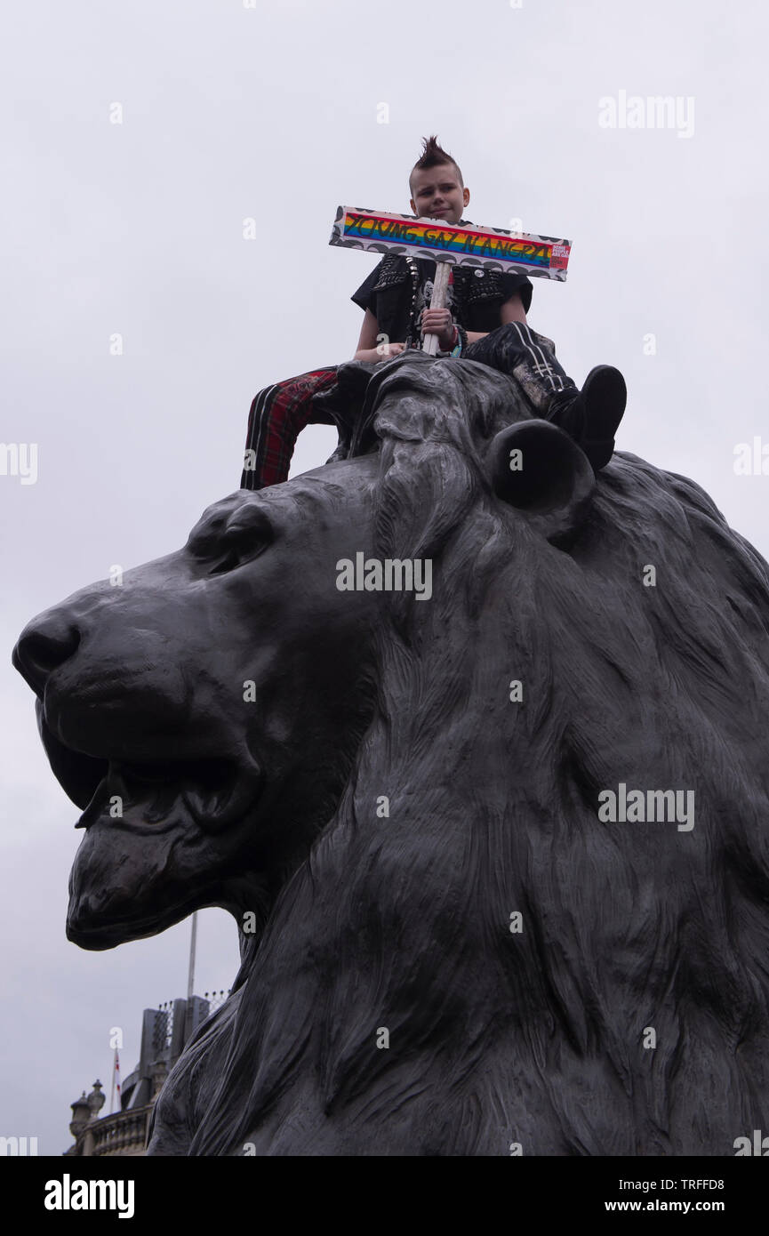 Les manifestants se rassembleront à Trafalgar Square pour protester contre l'atout de Donald. Westminster, London, UK. - 4 juin 2019. Banque D'Images