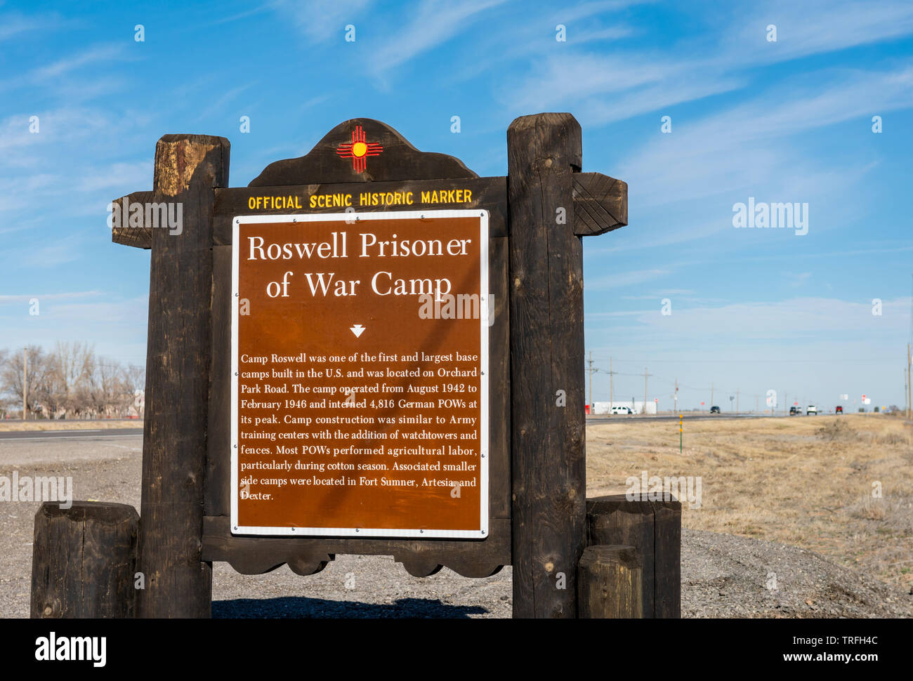 Roswell Camp de Prisonniers de guerre allemand repère historique sign, New Mexico, USA Banque D'Images