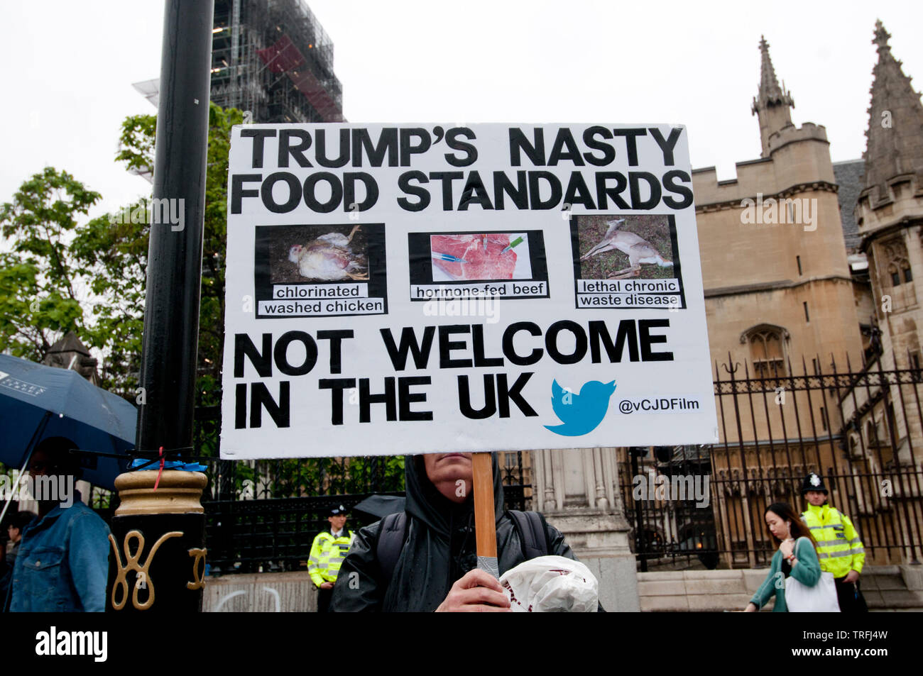 Protestation contre la visite d'État du président au Parlement d'Atout Square, Londres le 4 juin 2019. Un manifestant tient une pancarte disant 'Trump's nasty fo Banque D'Images