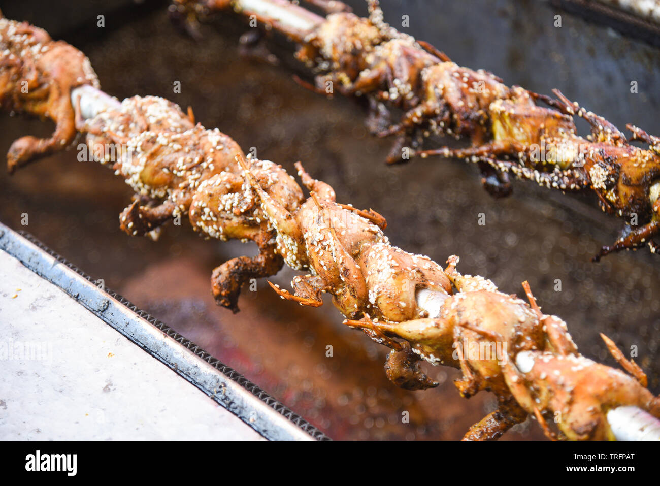 Caille rôtie sur le barbecue feu tourner / marinade des cailles grillées  pour oiseaux asia food Photo Stock - Alamy