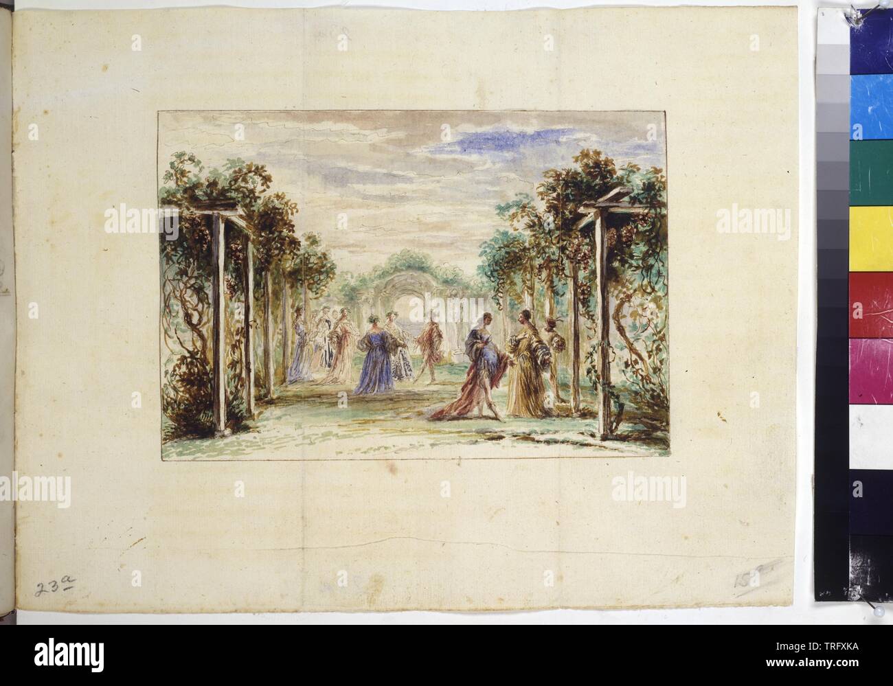 Pleine page : aquarelle (mise en scène : les gens en, pleine page : aquarelle (mise en scène : les gens dans un jardin), , Additional-Rights Clearance-Info-Not-Available- Banque D'Images