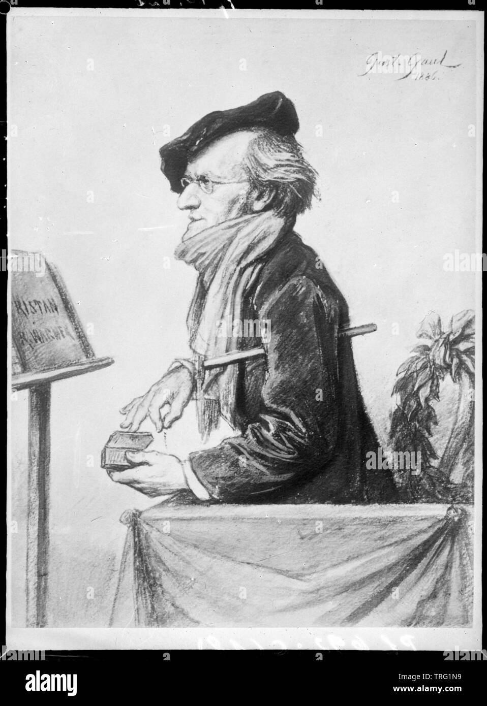 Wagner, Richard, lors d'une répétition dans la société musicale viennoise sur 27.2.1875 (demi-longueur caractère à chef de bureau avec 'Tristan' debout, à peu près le profil gauche, avec béret, baguette sous le bras de vis, dans snuff box fouiller sur), une photographie à la caricature aquarelle par Gustav nag, Additional-Rights Clearance-Info-Not-Available- Banque D'Images