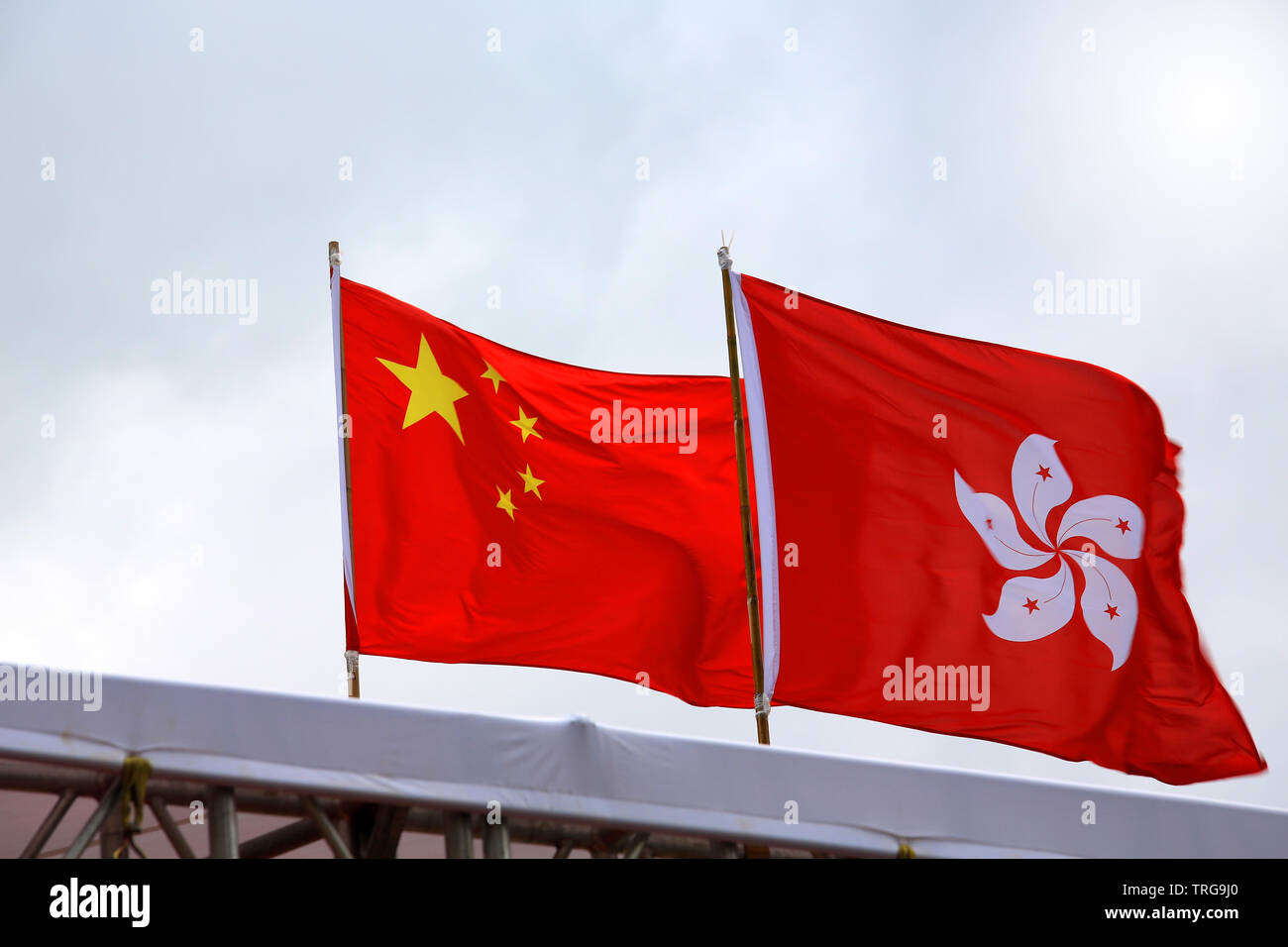 Drapeau régional de hong kong et de la Chine d'un drapeau dans le vent avec l'arrière-plan de construction Banque D'Images
