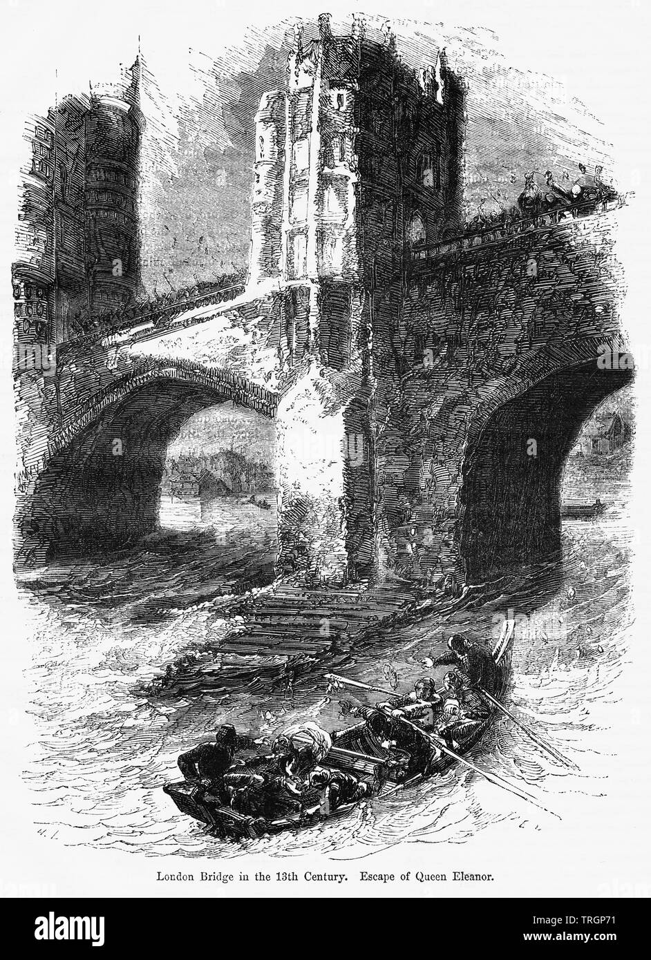 Le Pont de Londres au 13ème siècle, l'évasion de la Reine Eleanor, Illustration de John Cassell's Illustrated History of England, Vol. I à partir de la première période du règne de Édouard le quatrième, Cassell, Petter et Galpin, 1857 Banque D'Images