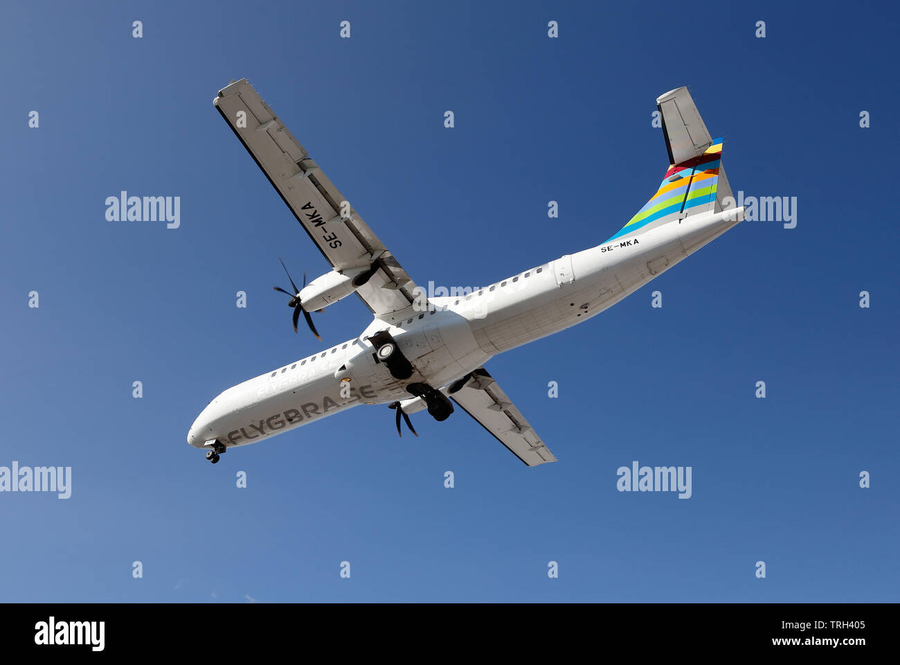 Stockholm, Suède - 31 mai, 2019. Soutien-gorge, Braathens Regional Airlines ATR 72-600 (SE-MKA) en approche finale de l'aéroport de Bromma Stockholm avec déployé Banque D'Images