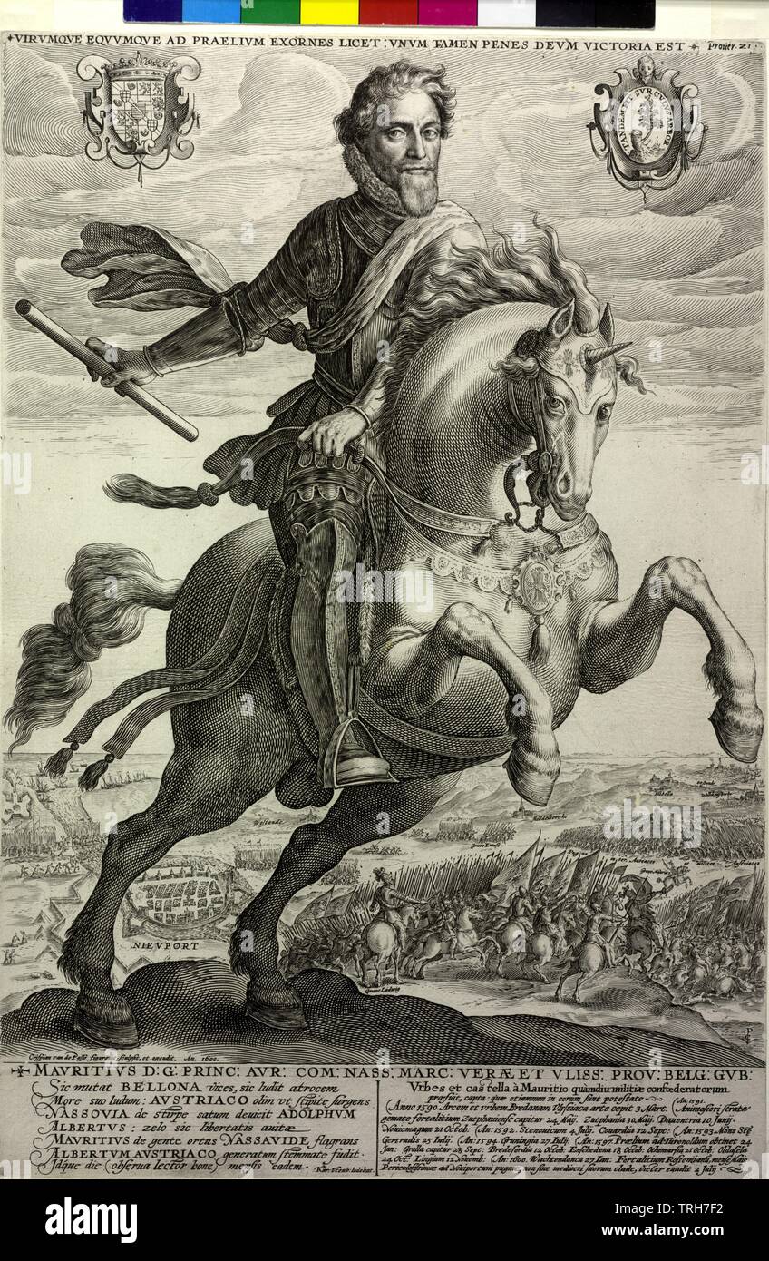 Moritz, prince d'Orange, comte de Nassau, en tant que général victorieux de la bataille de Nieuport (2 juillet 1600) sur la colline parlementaire à l'avant-plan : équitation, semi pleine longueur à partir de la droite, tête nue, avec moustache, signifient encore chin beard, lace ruff, dans le faisceau, autour de l'épaule gauche figure inclinables châssis dans le dos du livre, les mains de soufflage, la matraque, simplement dans le droit de l'arrêt Côté, le frein à l'intrusion sur la droite gauche, le cheval, avec des barbelés front protection de l'environnement, avec des pattes de mise à niveau à l'appel de bondir en arrière-plan, l', Additional-Rights Clearance-Info-Not-Available- Banque D'Images