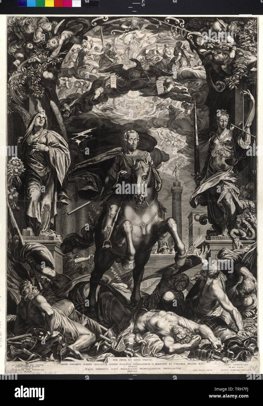 L'empereur Ferdinand II gloire au-dessus de son ennemi, l'empereur à cheval dans l'armement, ancienne gloire à propos hérétique, athée et turcs. Il est à cheval dans un arc de triomphe, l'allégorie de la foi avec l'inscription 'IMMOTA' (inchangée), ainsi que l'allégorie de la justice, avec l'inscription 'INTERRITA' (undauntedly). Au-dessus de l'aigle impérial et l'empereur dans le ciel ajouré différentes allégories (vertus), dans l'angle de la mise en branches de laurier, casque, d'un brochet tout enguirlandés et bannières. insinuation sur l'ancien monde par-Clearance-Info Additional-Rights , inscription-Not-Available Banque D'Images