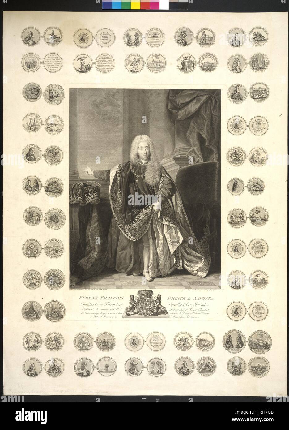 Eugène, Prince de Savoie Carignan, gravure par Gustav Adolf Mueller basé sur une peinture par Jakob van Schuppen. Armoiries. encadrées avec Additional-Rights Clearance-Info-médaillon,-Not-Available Banque D'Images