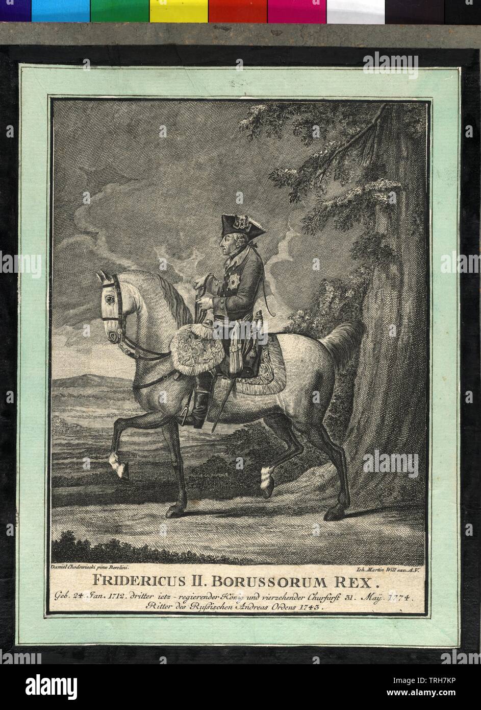 Frédéric II de Prusse, à cheval equestrian image basée sur gouache de Daniel Chodowiecki. peint à l'aquarelle, encadrement sans cartouche, texte Additional-Rights Clearance-Info-Not-Available- Banque D'Images