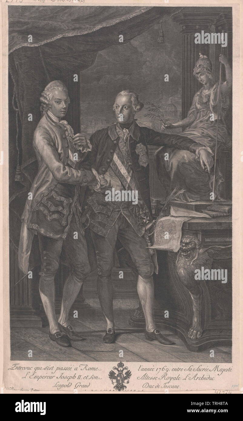 Photo l'empereur Joseph II avec son frère l'Empereur Léopold II, gravure sur cuivre basé sur la peinture par Pompeo Batoni. Jambe français. Marge inférieure cutted y compris la signature de l'artiste, Additional-Rights Clearance-Info-Not-Available- Banque D'Images