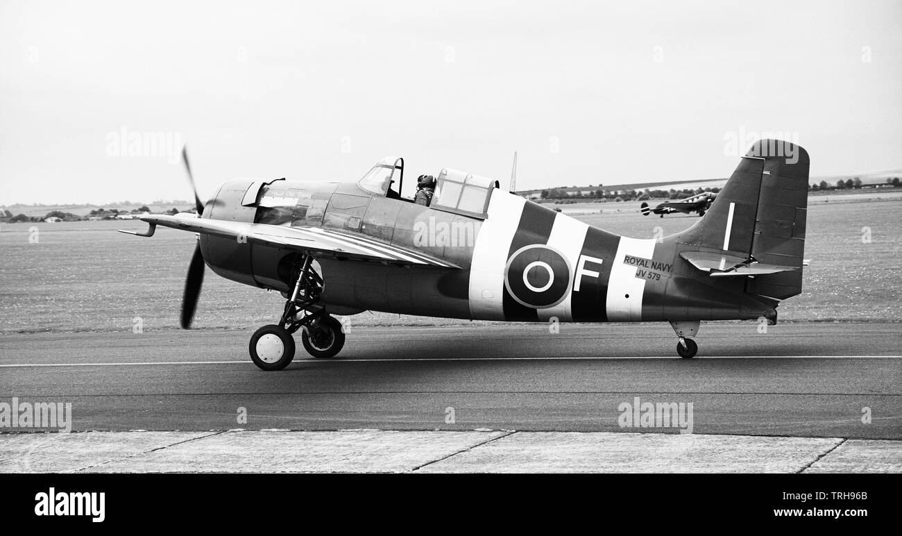 Grumman FM-2 Wildcat avec Royal Navy (Fleet Air Arm) et D-day invasion Markings, Duxford IWM Banque D'Images