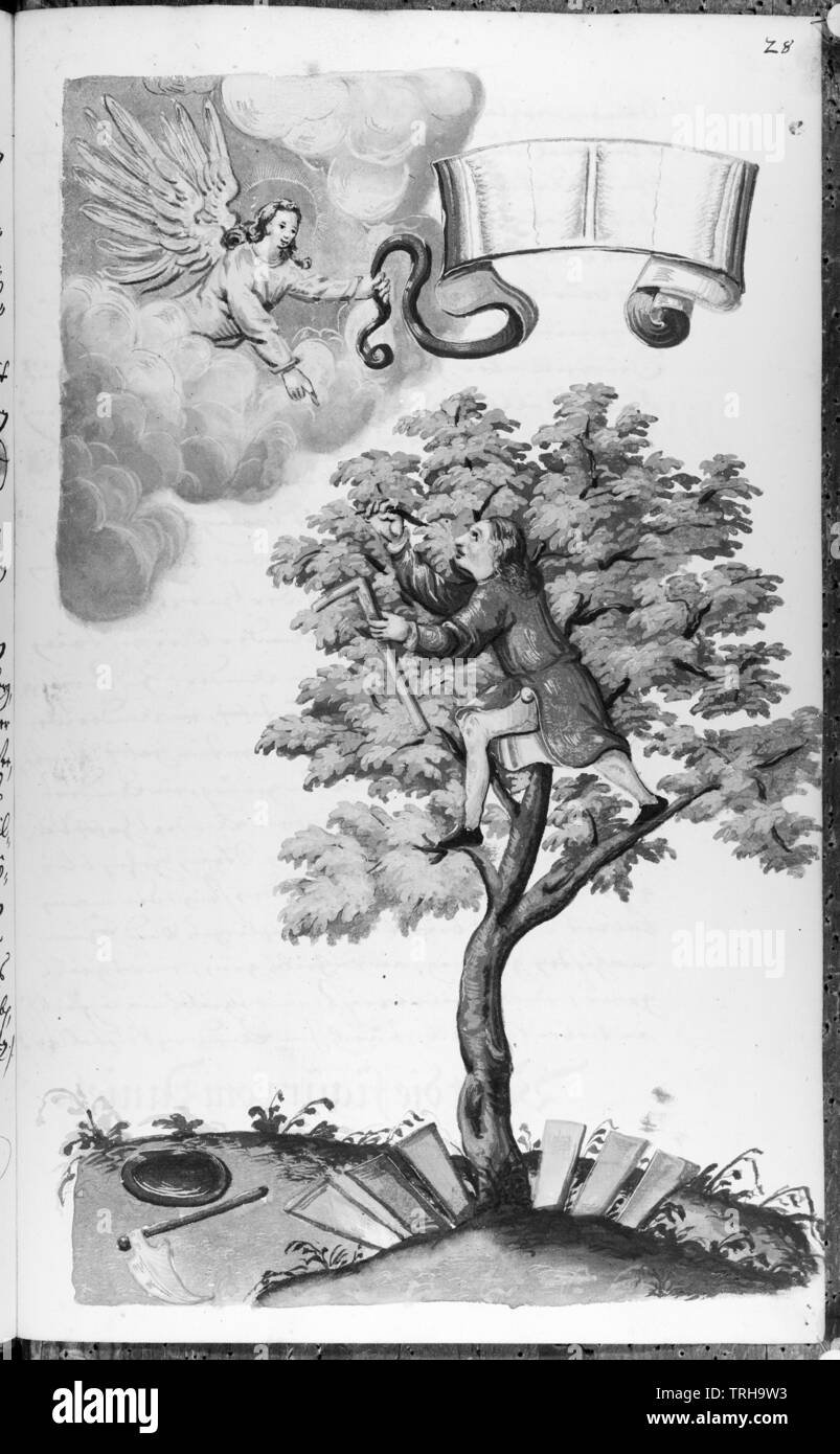 Codex 11134, folio 28, Saint Daniel, le fameux fondateur de l'exploitation minière, la recherche à l'aide d'un marteau et un fer à repasser sur un arbre après l'amasse, l'ange du Seigneur le renvoie au sol sous l'arbre. Additional-Rights-négatif, repro-Clearance-Info Not-Available Banque D'Images