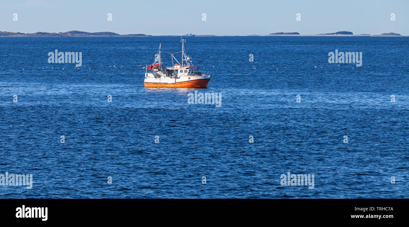 Petit bateau de pêche blanche orange est en mer de Norvège, Trondheim, Norvège région Banque D'Images