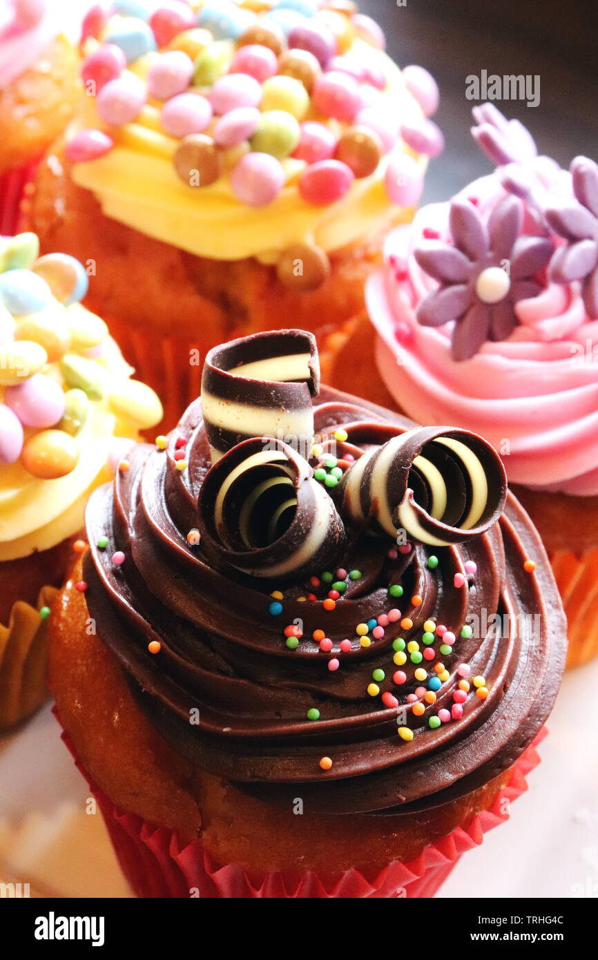 Portrait d'une assiette de petits gâteaux décorés de mini smarties, et le chocolat et saupoudre de sucre et de fleurs Banque D'Images