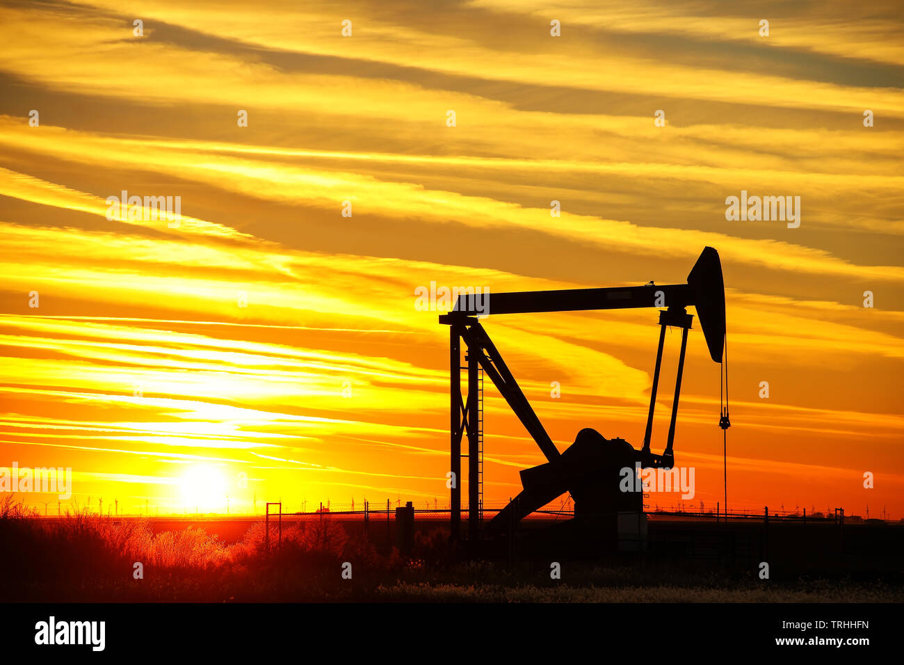 La silhouette du chevalet de pompage dans le domaine de l'huile au coucher du soleil Banque D'Images