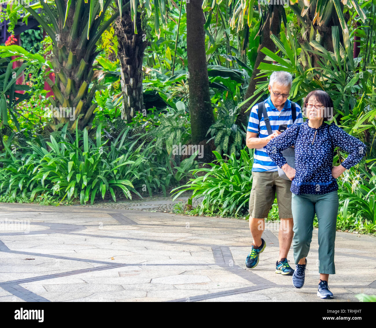 Personnes âgées Asian couple waking dans les jardins, près de la baie de Singapour. Banque D'Images