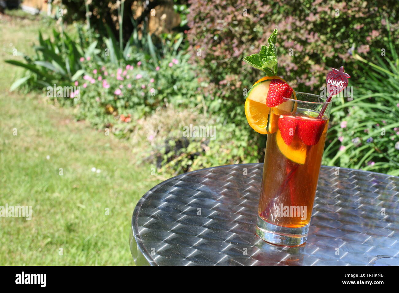 Grand verre de Pimms et limonade sur le jardin extérieur argenté table de bistro au soleil avec espace de copie Banque D'Images