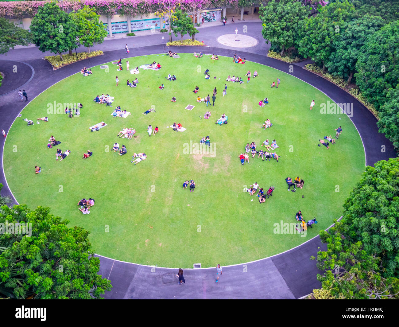 Les gens les familles et les couples assis et couché sur la pelouse au repos jardins au bord de la bay de Singapour. Banque D'Images