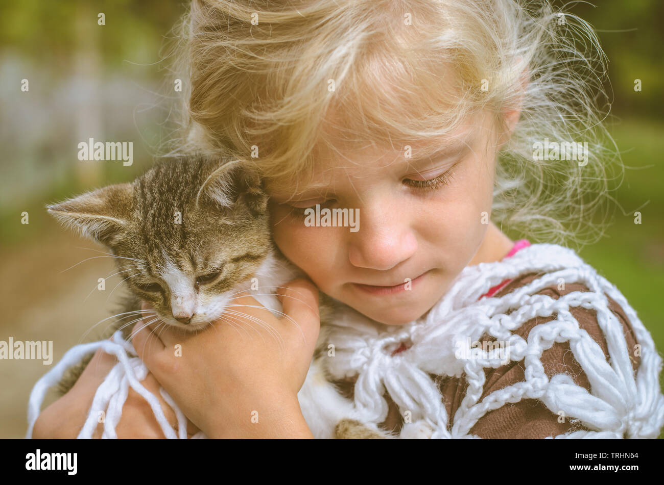 Adorable petite fille blonde holding petit chat animal Banque D'Images