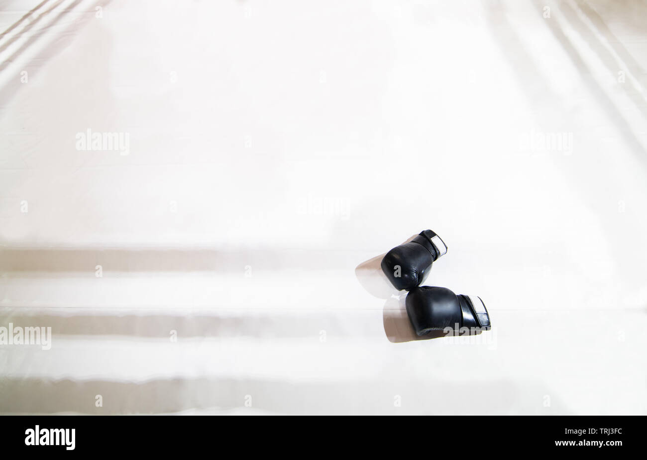 Deux gants de boxe noir se trouvent sur le ring de boxe en blanc. L'ombre de l'anneau tombe sur le parquet. L'espace signature laissée en blanc Banque D'Images