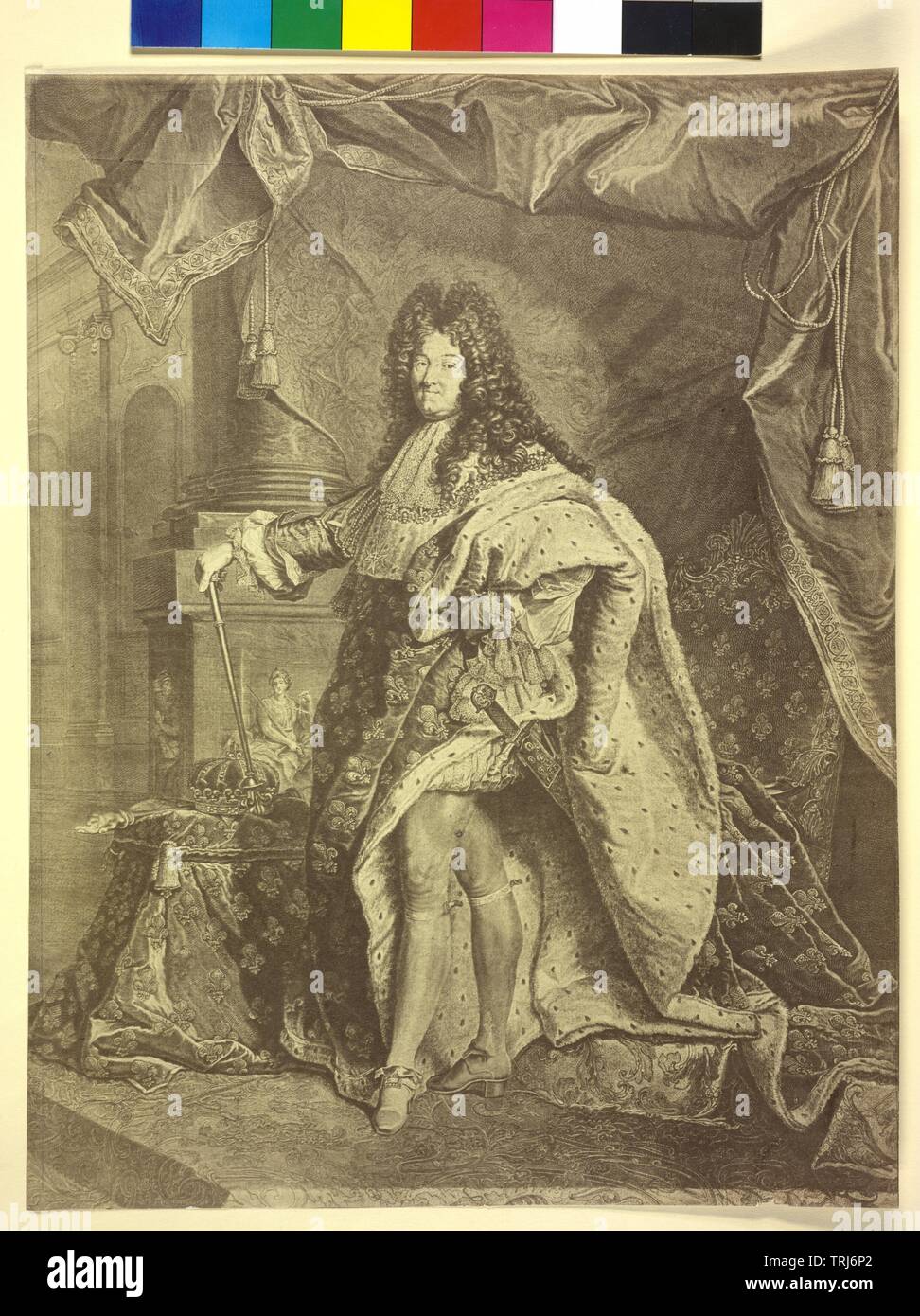 Louis XIV, roi de France, en pleine hauteur dans la robe de couronnement avec l'insigne de la couronne française, royalisme (sceptre, Main de Justice, Joyeuse), l'art photographique basé sur gravure de Pierre Drevet (1712) basée sur la peinture par Hyacinthe Rigaud (1701), , Additional-Rights Clearance-Info-Not-Available- Banque D'Images