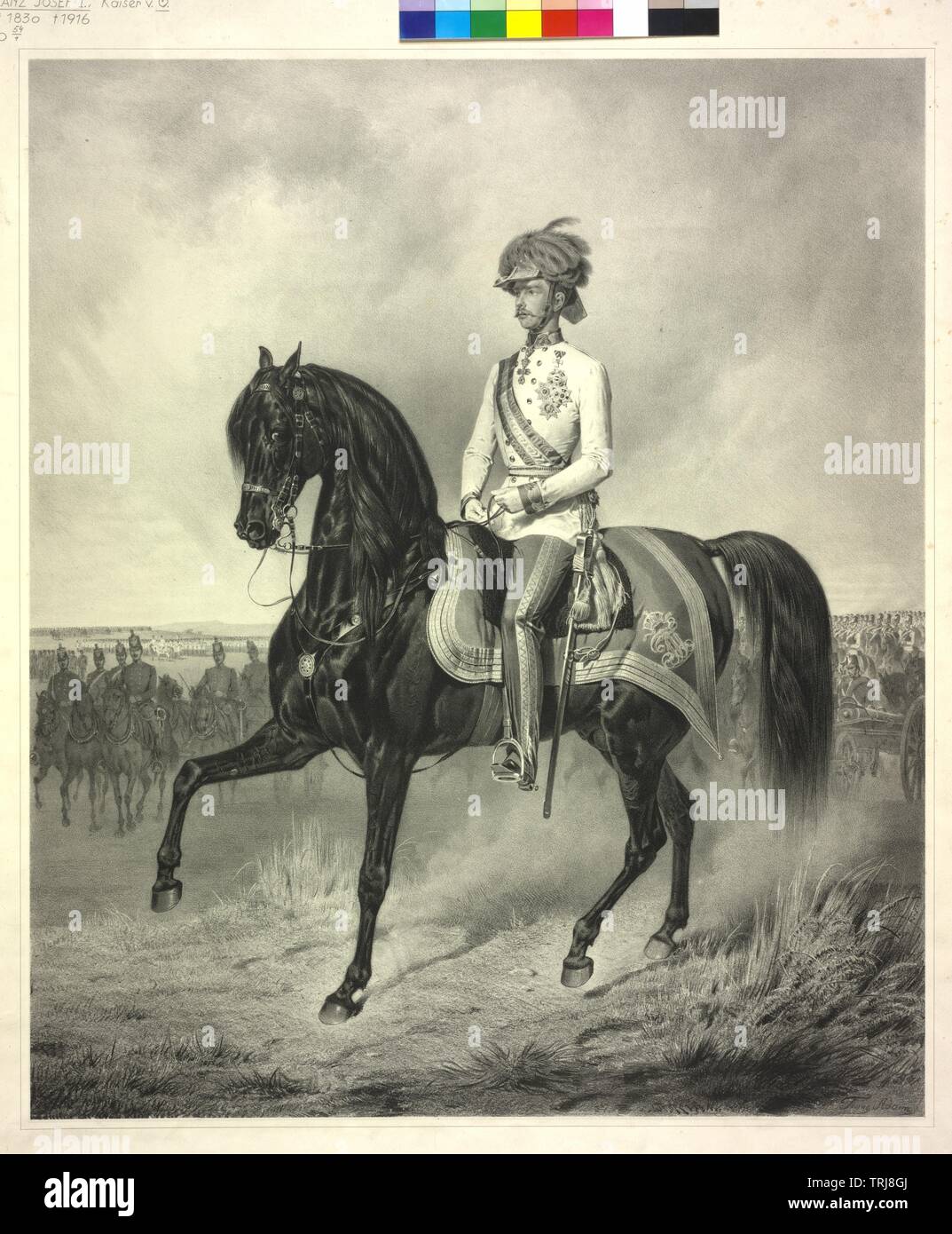 François-Joseph, Empereur d'Autriche, photo en uniforme sur le cheval, de cavalerie et d'artillerie, lithographie d'après peinture de Franz et Albrecht Adam, auteur de l'artiste n'a pas à être effacée Banque D'Images