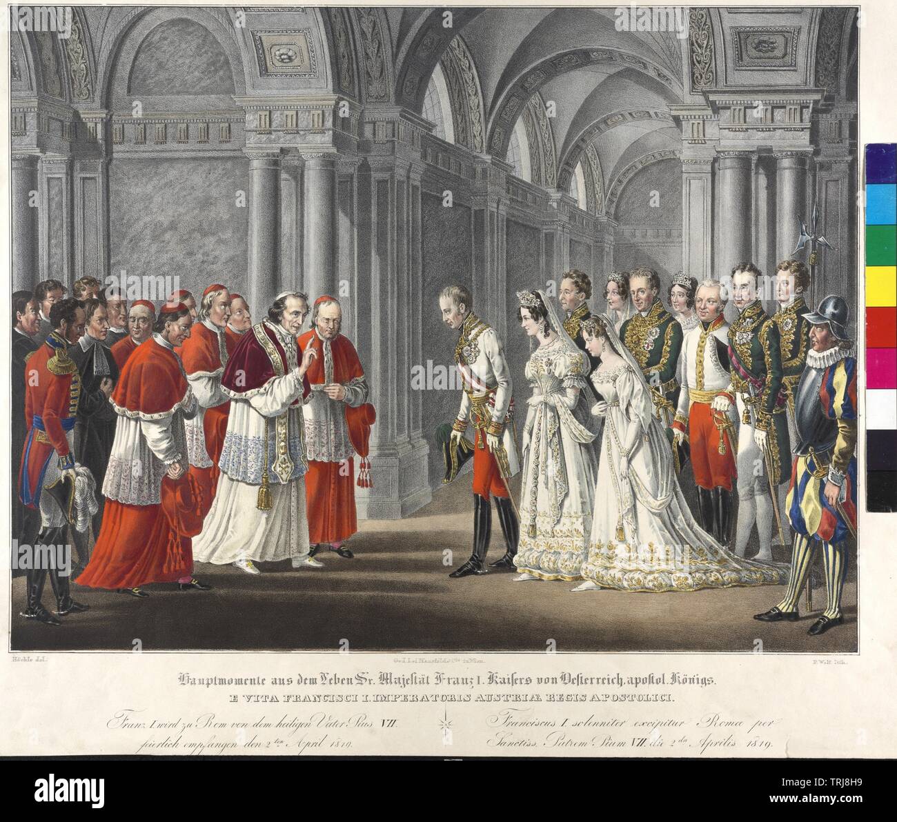 Réception au Pape 1819, l'empereur François I et l'impératrice Caroline Auguste croître sur 2.4.1819 par le pape Pie VII dans le palais du Quirinal à Rome recevoir, lithographie de Franz Wolf à partir d'un modèle par Johann Nepomuk Hoechle, de la série 'Hauptmomente Majestaet aus dem Leben Père Franz I. ', Additional-Rights Clearance-Info-Not-Available- Banque D'Images