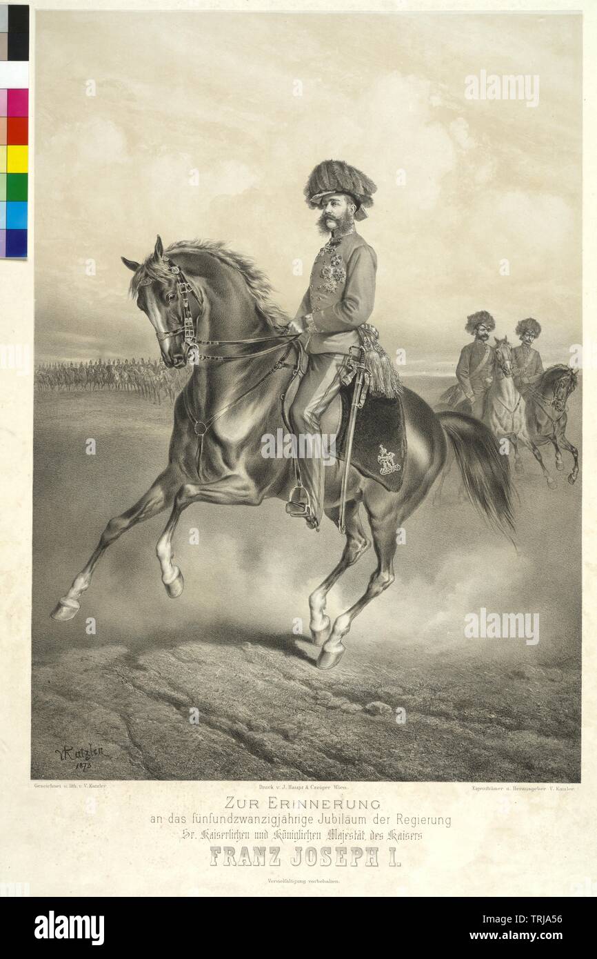 François-Joseph, Empereur d'Autriche, photo en uniforme sur le cheval, de cavalerie service avec deux officiers, lithographie d'après ses propres dessins de Vincent Katzler, Additional-Rights Clearance-Info-Not-Available- Banque D'Images