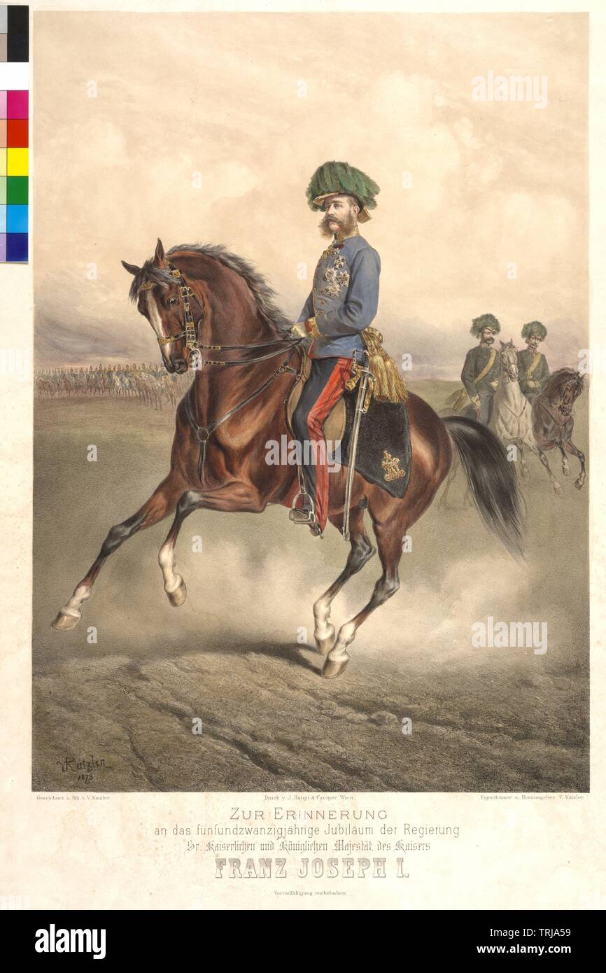 François-Joseph, Empereur d'Autriche, photo en uniforme sur le cheval, de cavalerie service avec deux officiers. lithographie couleur basé sur propre dessin de Vincent Katzler, Additional-Rights Clearance-Info-Not-Available- Banque D'Images