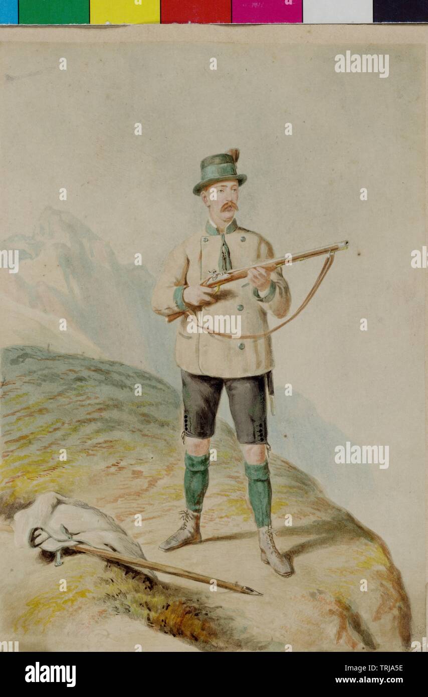 Ferdinand IV, Grand-duc de Toscane, photo dans le costume de chasse Ischler avec mousquet, aquarelle de l'artiste sans Additional-Rights Clearance-Info, signature--Not-Available Banque D'Images