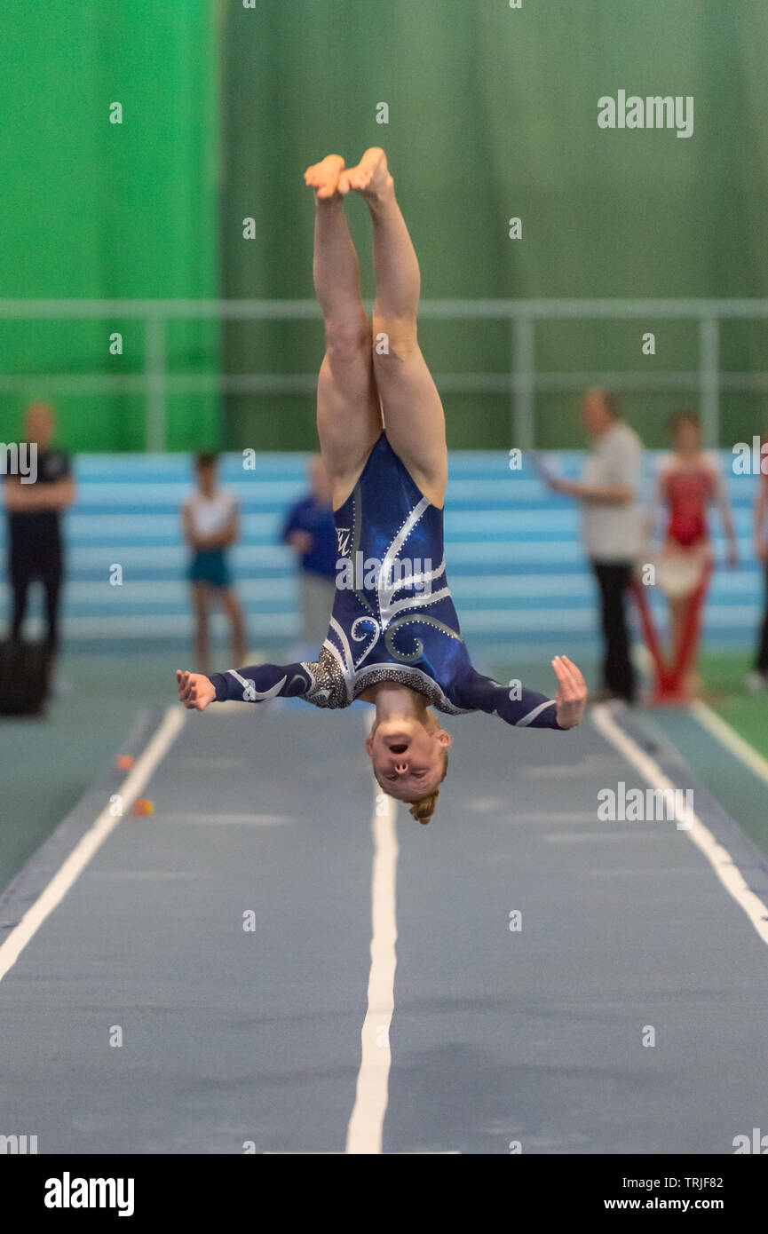Sheffield, Angleterre, Royaume-Uni. 1er juin 2019. Sophie Campbell de Sapphire Gymnastics Club en action au cours de séries 2 à l'English Institute of Sport, Sheffield, Royaume-Uni. Banque D'Images
