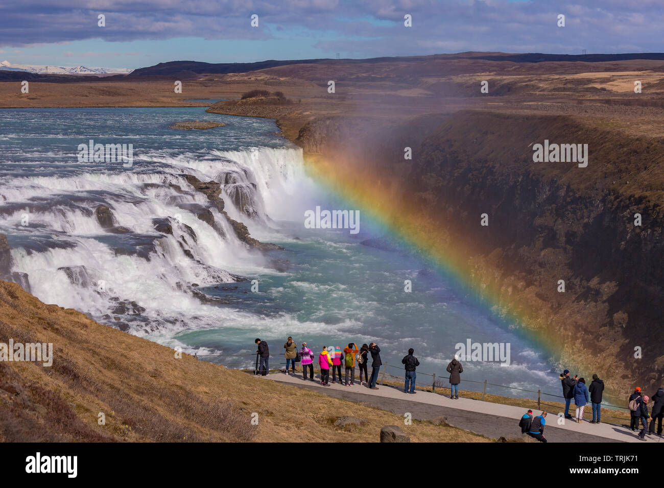 - L'Islande, GULLFOSS waterfall cascade Double arc-en-ciel, et sur la rivière Hvita. Banque D'Images