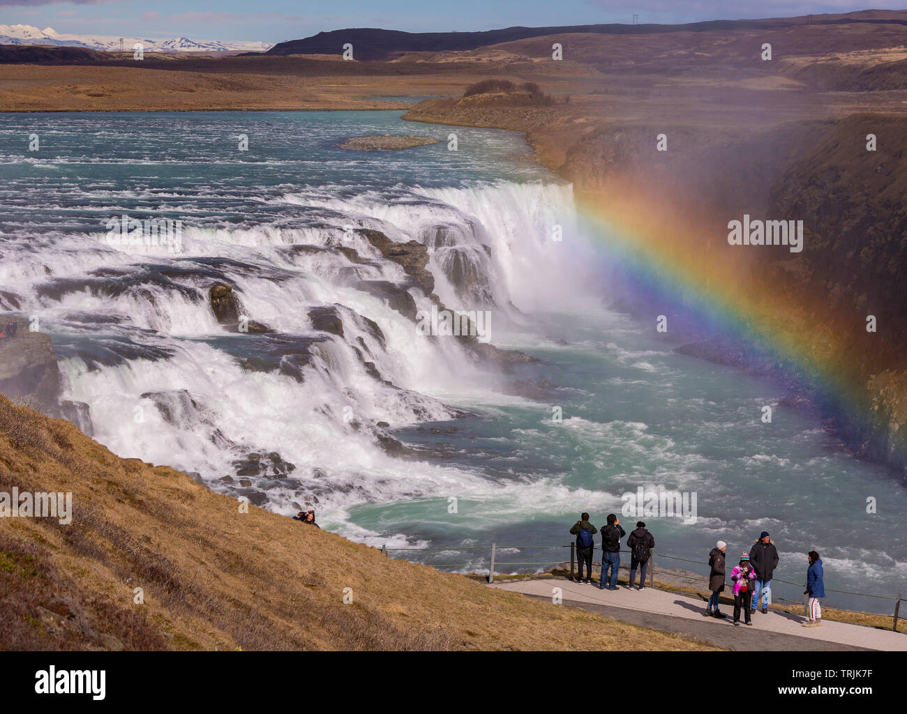 - L'Islande, GULLFOSS waterfall cascade Double arc-en-ciel, et sur la rivière Hvita. Banque D'Images