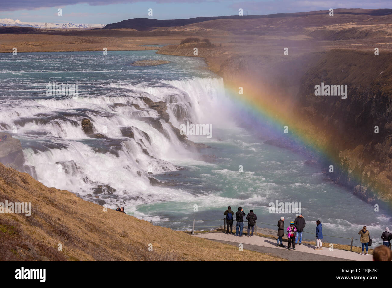 - L'Islande, GULLFOSS waterfall cascade Double arc-en-ciel, et sur la rivière Hvita. Banque D'Images