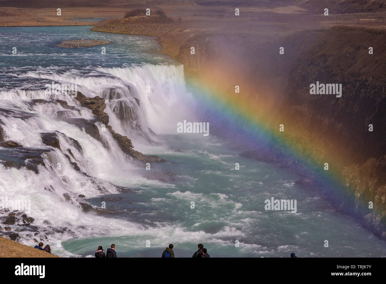 - L'Islande, GULLFOSS waterfall cascade Double arc-en-ciel, et sur la rivière Hvita. Banque D'Images