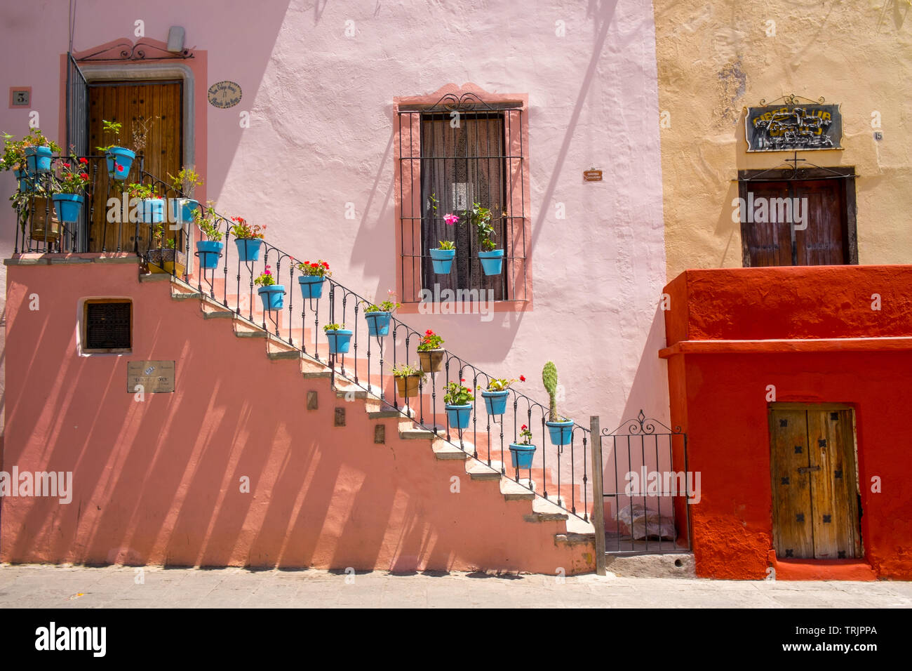 Mur coloré avec des fleurs et des escaliers, Guanajuato, Mexique Banque D'Images