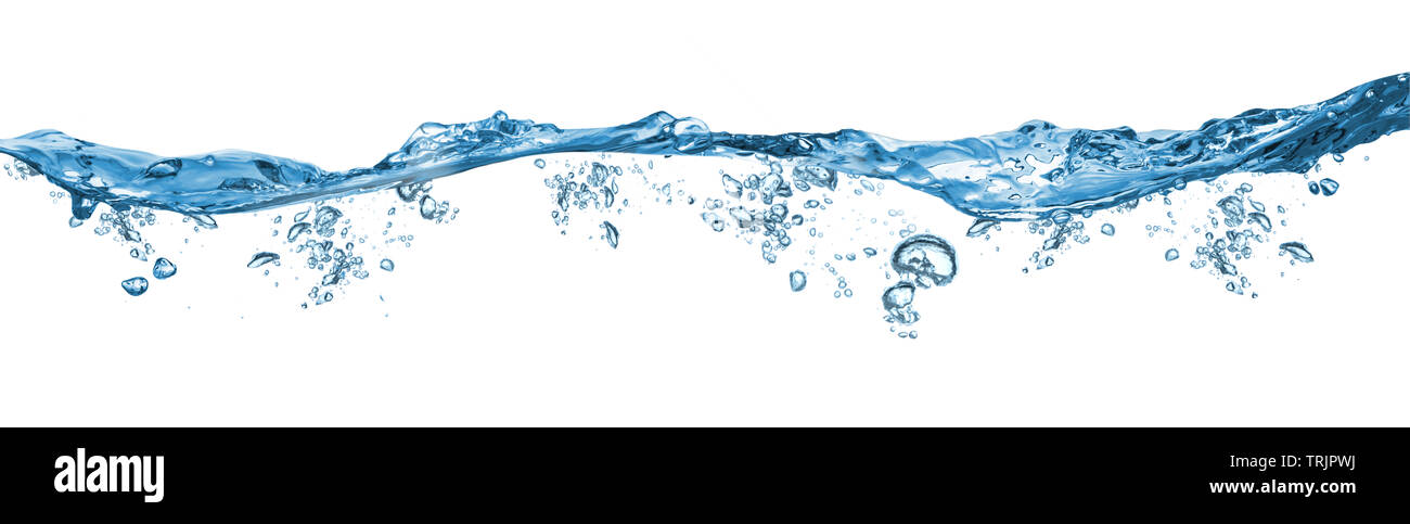 Bleu naturel frais boire de l'eau vague large panorama avec bulles isolées concept fond blanc Banque D'Images